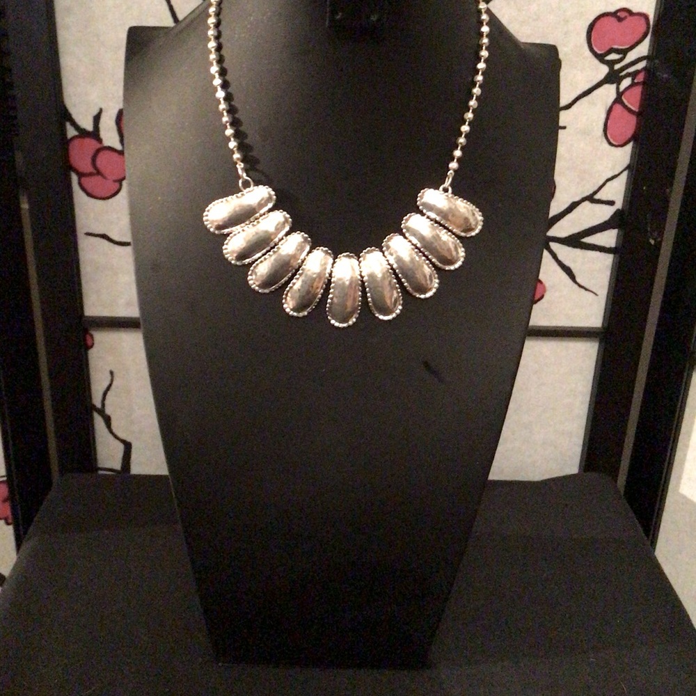 Sterling silver plated, square ball chain,  bib necklace
